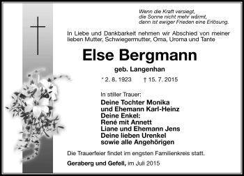 Traueranzeige von Else Bergmann von Südthüringer Presse