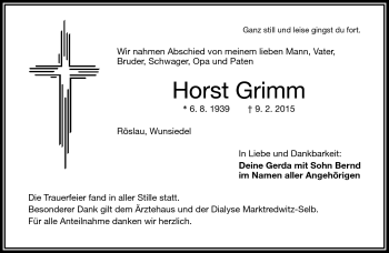 Traueranzeige von Horst Grimm von Frankenpost