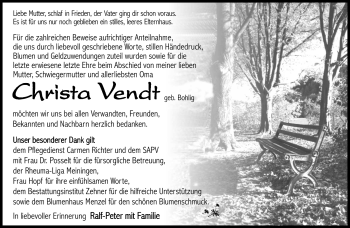 Traueranzeige von Christa Vendt von Südthüringer Presse