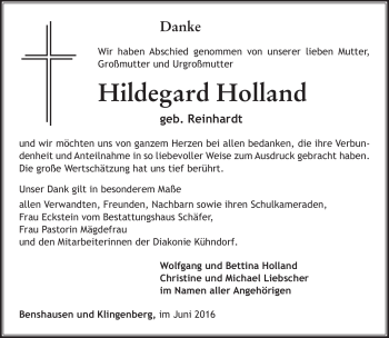 Traueranzeige von Hildegard Holland von Südthüringer Presse