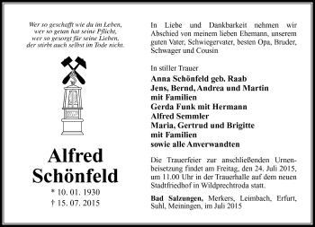 Traueranzeige von Alfred Schönfelder von Südthüringer Presse