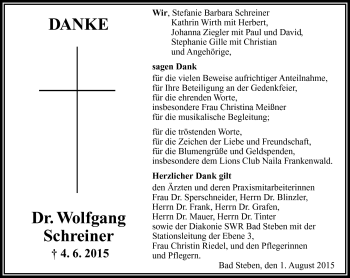 Traueranzeige von Dr. Wolfgang Schreiner von Frankenpost