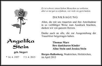 Traueranzeige von Angelika Stein von Südthüringer Presse
