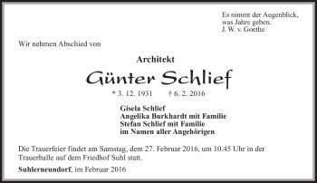 Traueranzeige von Günter Schlief von Südthüringer Presse