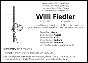 Traueranzeige von Willi Fiedler von Neue Presse Coburg