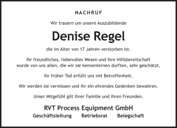 Traueranzeige von Denise Regel von Neue Presse Coburg