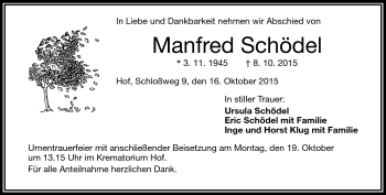 Traueranzeige von Manfred Schödel von Frankenpost