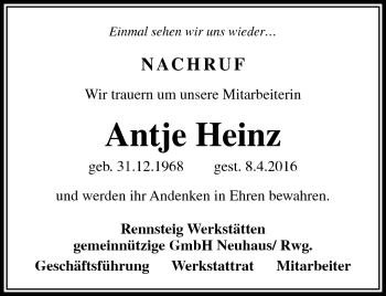 Traueranzeige von Antje Heinz von Südthüringer Presse