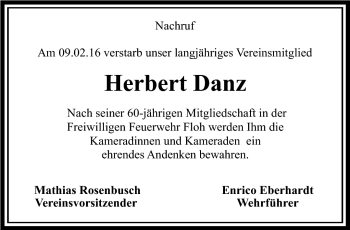 Traueranzeige von herbert Danz von Südthüringer Presse