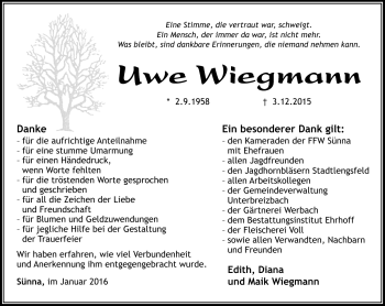 Traueranzeige von Uwe Wiegmann von Südthüringer Presse