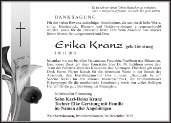 Traueranzeige von Erika Kranz von Südthüringer Presse
