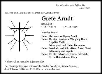 Traueranzeige von Grete Arndt von Südthüringer Presse