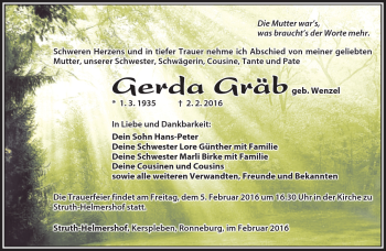 Traueranzeige von Gerda Gräb von Südthüringer Presse