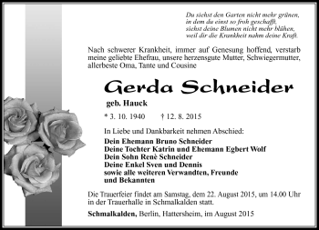 Traueranzeige von Gerda Schneider von Südthüringer Presse
