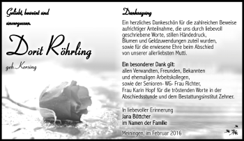 Traueranzeige von Dorit Röhrling von Südthüringer Presse
