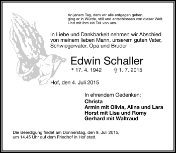 Traueranzeige von Edwin Schaller von Frankenpost