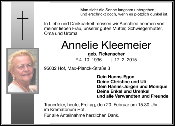 Traueranzeige von Annelie Kleemeier von Frankenpost