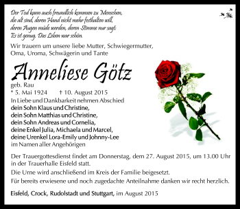 Traueranzeige von Anneliese Götz von Südthüringer Presse
