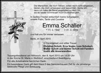Traueranzeige von Emma Schaller von Frankenpost