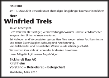 Traueranzeige von Winfried Treis von Südthüringer Presse