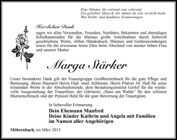 Traueranzeige von Marga Stärker von Südthüringer Presse