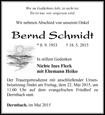 Traueranzeige von Bernd Schmidt von Südthüringer Presse