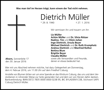 Traueranzeige von Dietrich Müller von Neue Presse Coburg