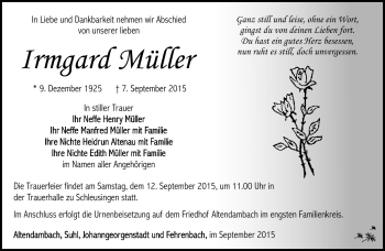 Traueranzeige von Irmgard Müller von Südthüringer Presse
