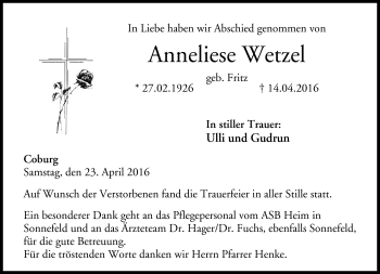 Traueranzeige von Anneliese Wetzel von Neue Presse Coburg