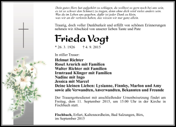 Traueranzeige von Frieda Vogt von Südthüringer Presse