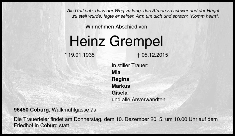  Traueranzeige für Heinz Grempel vom 09.12.2015 aus Neue Presse Coburg