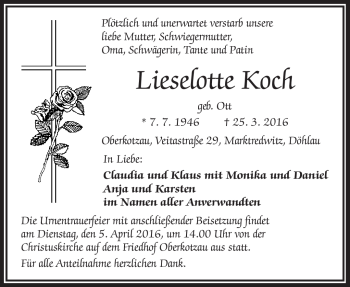 Traueranzeige von Lieselotte Koch von Frankenpost