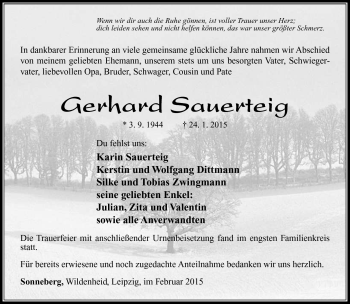 Traueranzeige von Gerhard Sauerteig von Südthüringer Presse