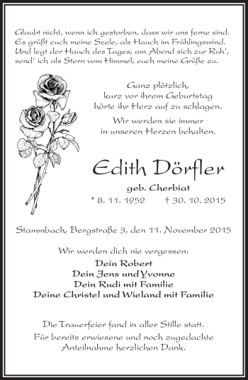 Traueranzeige von Edith Dörfler von Frankenpost