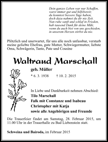 Traueranzeige von Waltraud Marschall von Südthüringer Presse