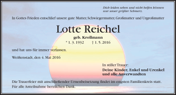 Traueranzeige von Lotte Reichel von Frankenpost