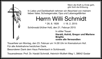 Traueranzeige von Willi Schmidt von Frankenpost