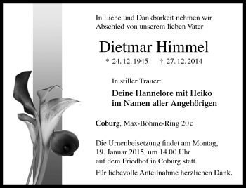 Traueranzeige von Dietmar Himmel von Neue Presse Coburg