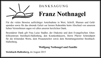 Traueranzeige von Franz Nothnagel von Südthüringer Presse