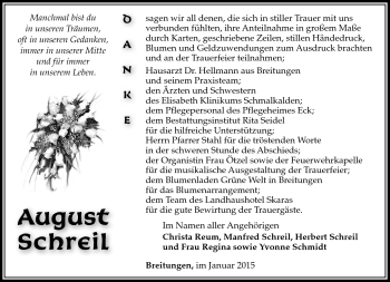 Traueranzeige von August Schreil von Südthüringer Presse