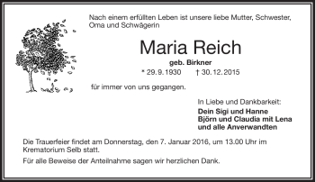 Traueranzeige von Maria Reich von Frankenpost