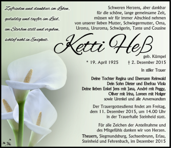 Traueranzeige von Ketti Heß von Südthüringer Presse