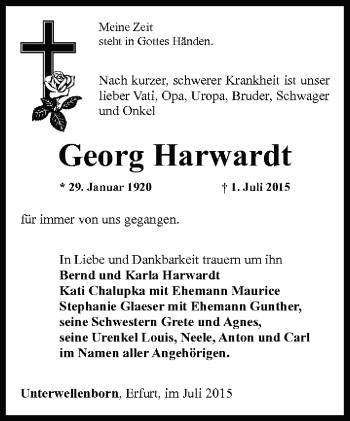 Traueranzeige von Georg Harwardt von Südthüringer Presse
