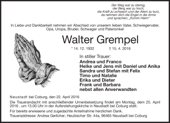 Traueranzeige von Walter Grempel von Neue Presse Coburg
