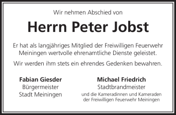 Traueranzeige von Peter Jobst von Südthüringer Presse
