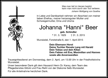 Traueranzeige von Johanna Beer von Frankenpost
