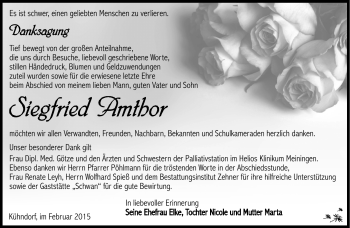Traueranzeige von Siegfried Amthor von Südthüringer Presse
