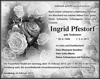 Traueranzeige von Ingrid Pfestorf von Südthüringer Presse