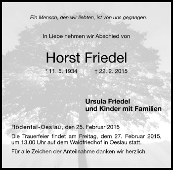 Traueranzeige von Horst Friedel von Neue Presse Coburg