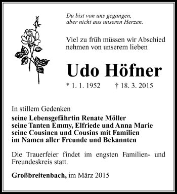 Traueranzeige von Udo Höfner von Südthüringer Presse